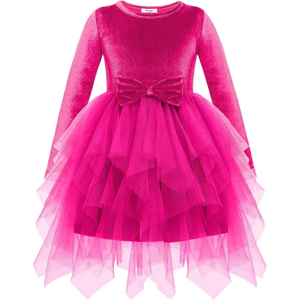 imageArshiner Toddler Girls Fall Winter Velvet Dress Irregular Hem Tulle Long Sleeve Dresses Cute Bowknot ClothesHot Pink