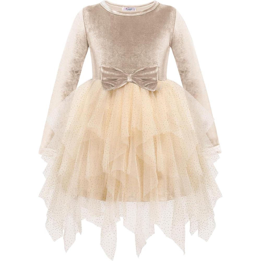 imageArshiner Toddler Girls Fall Winter Velvet Dress Irregular Hem Tulle Long Sleeve Dresses Cute Bowknot ClothesLight Apricot
