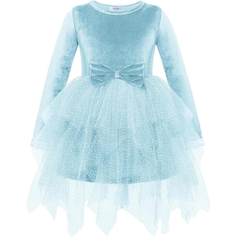 imageArshiner Toddler Girls Fall Winter Velvet Dress Irregular Hem Tulle Long Sleeve Dresses Cute Bowknot ClothesLight Blue