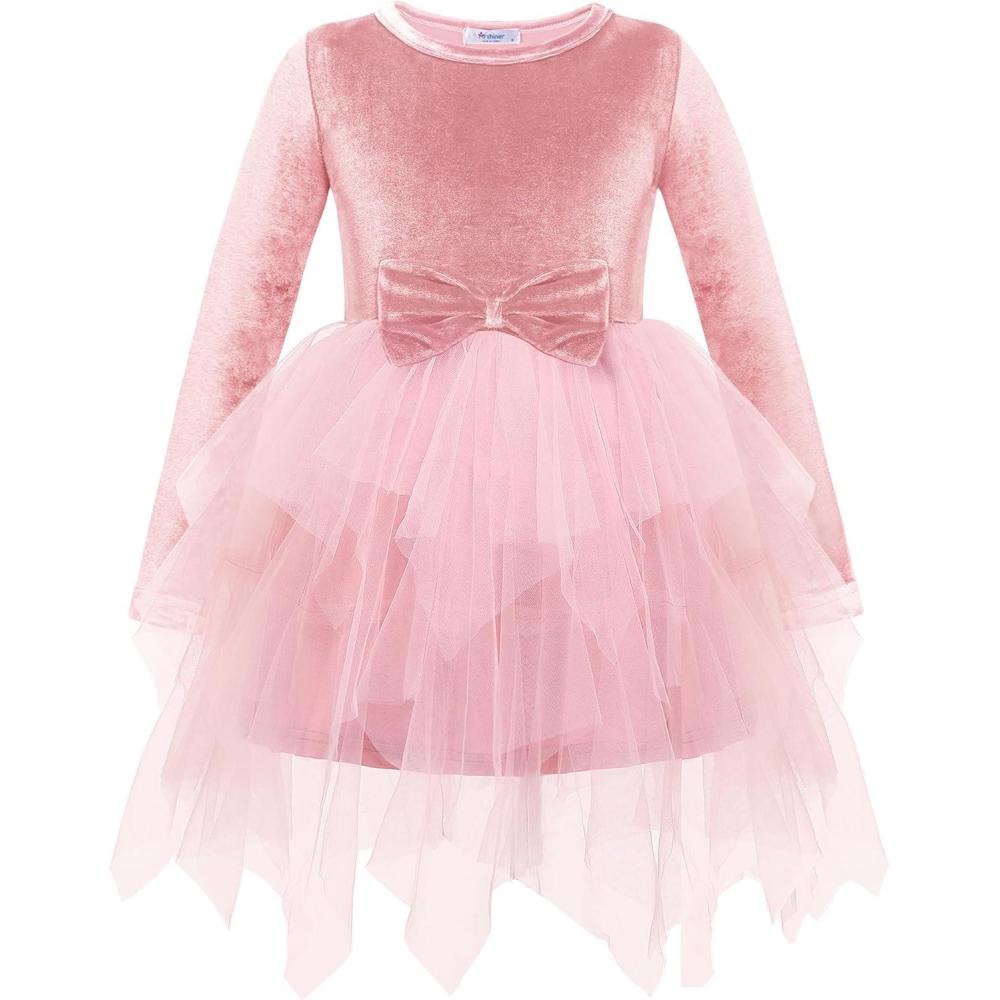 imageArshiner Toddler Girls Fall Winter Velvet Dress Irregular Hem Tulle Long Sleeve Dresses Cute Bowknot ClothesLight Rose