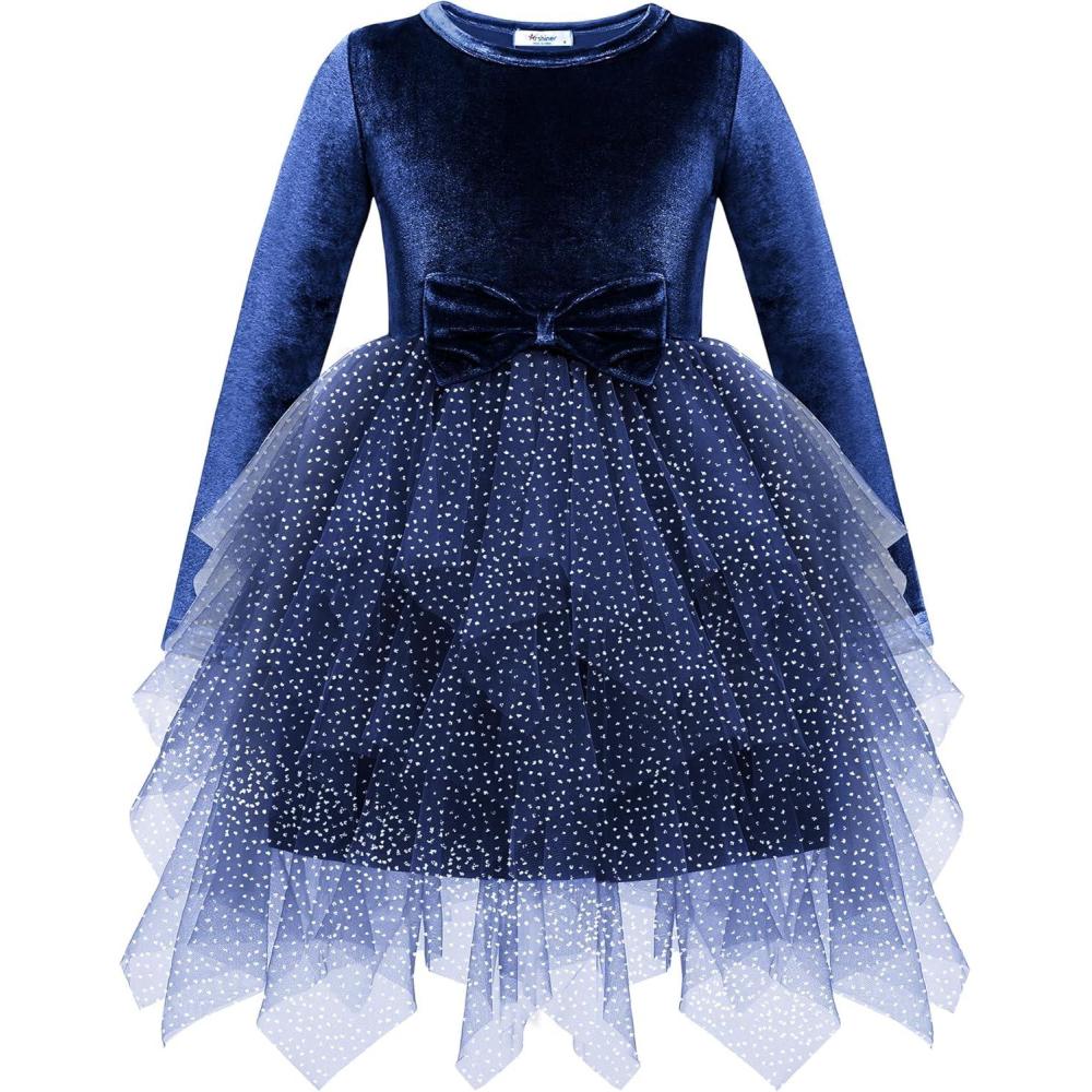 imageArshiner Toddler Girls Fall Winter Velvet Dress Irregular Hem Tulle Long Sleeve Dresses Cute Bowknot ClothesNavy Blue