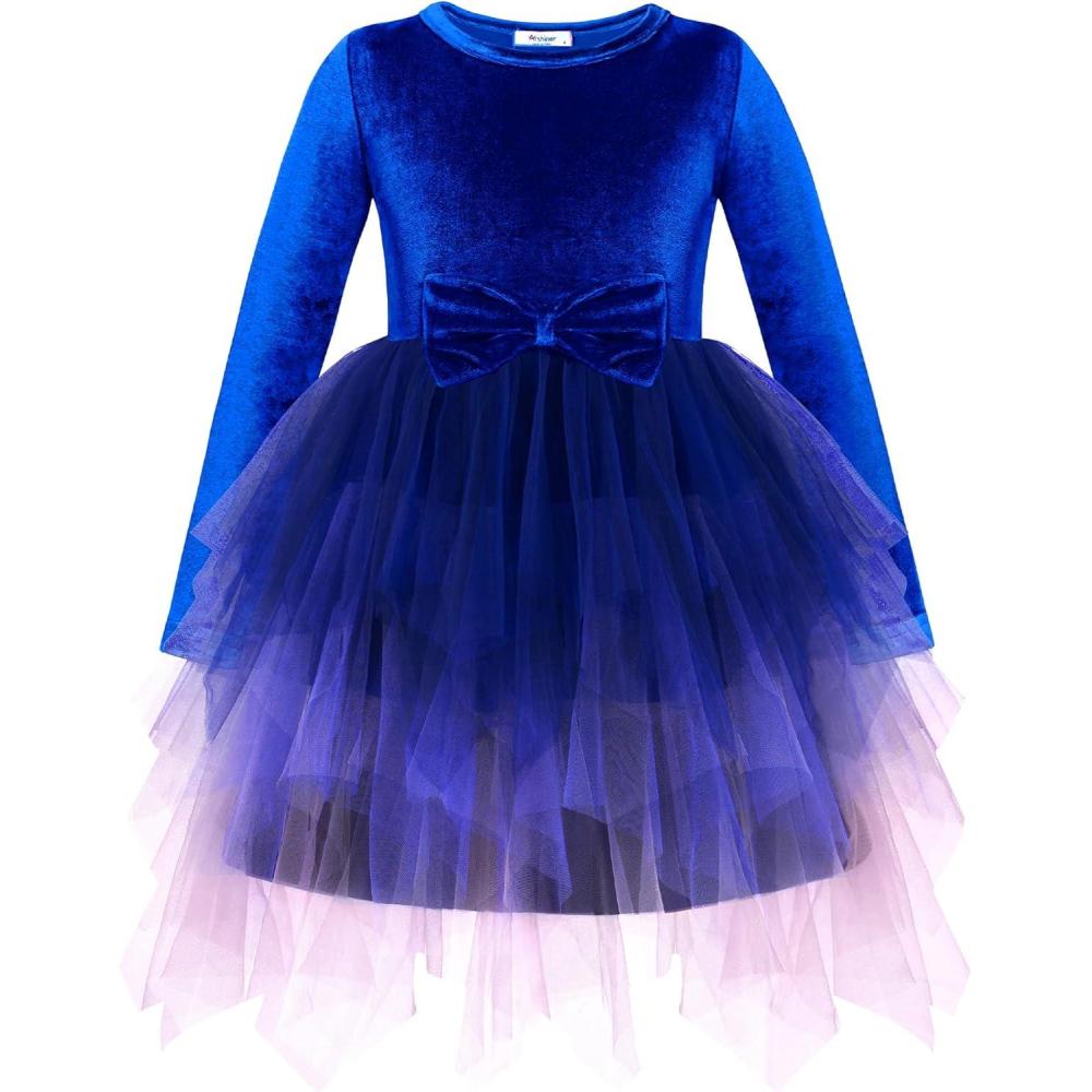 imageArshiner Toddler Girls Fall Winter Velvet Dress Irregular Hem Tulle Long Sleeve Dresses Cute Bowknot ClothesNavy Blue Gradient