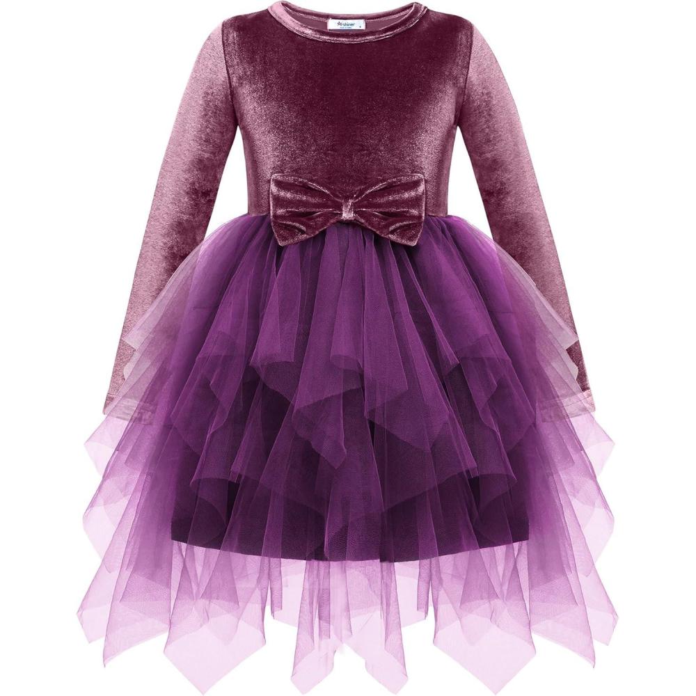 imageArshiner Toddler Girls Fall Winter Velvet Dress Irregular Hem Tulle Long Sleeve Dresses Cute Bowknot ClothesPinkish Purple