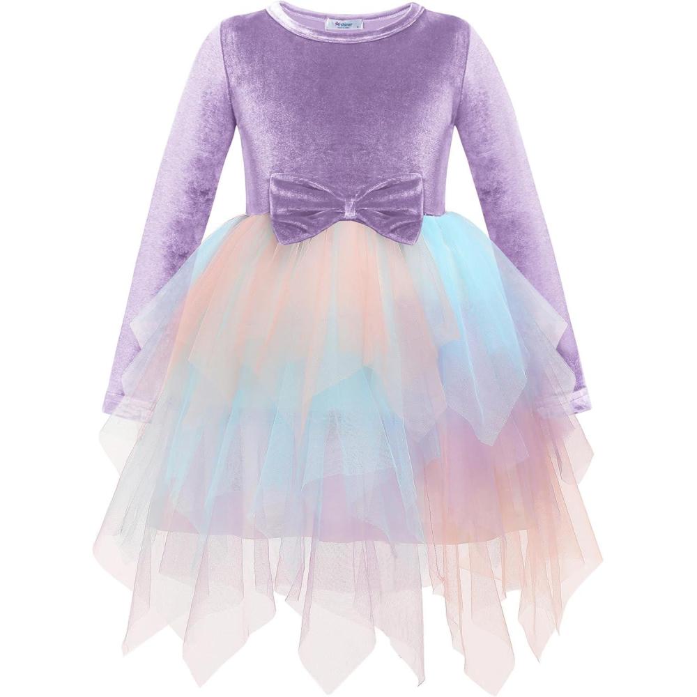 imageArshiner Toddler Girls Fall Winter Velvet Dress Irregular Hem Tulle Long Sleeve Dresses Cute Bowknot ClothesRainbow Blue