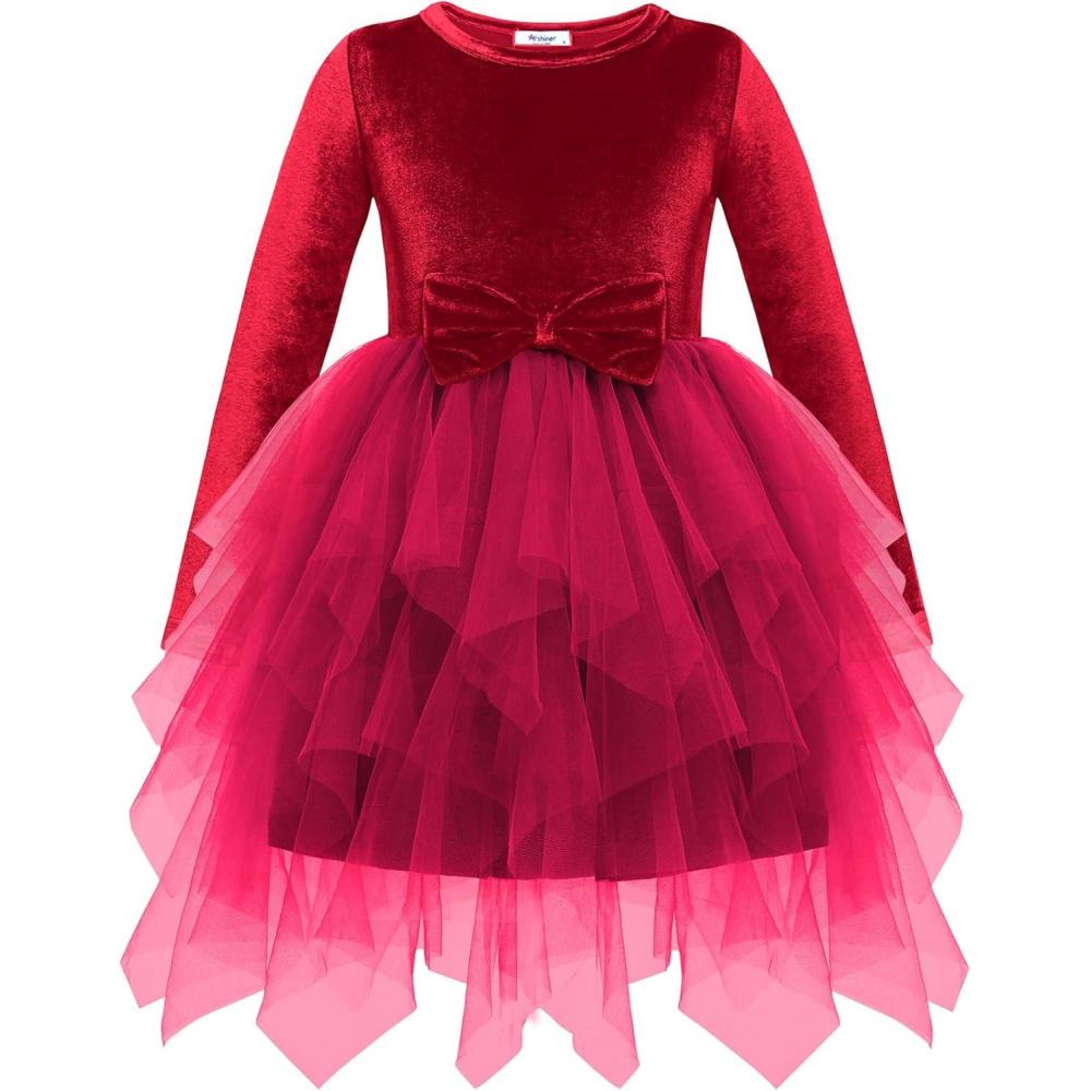 imageArshiner Toddler Girls Fall Winter Velvet Dress Irregular Hem Tulle Long Sleeve Dresses Cute Bowknot ClothesRed