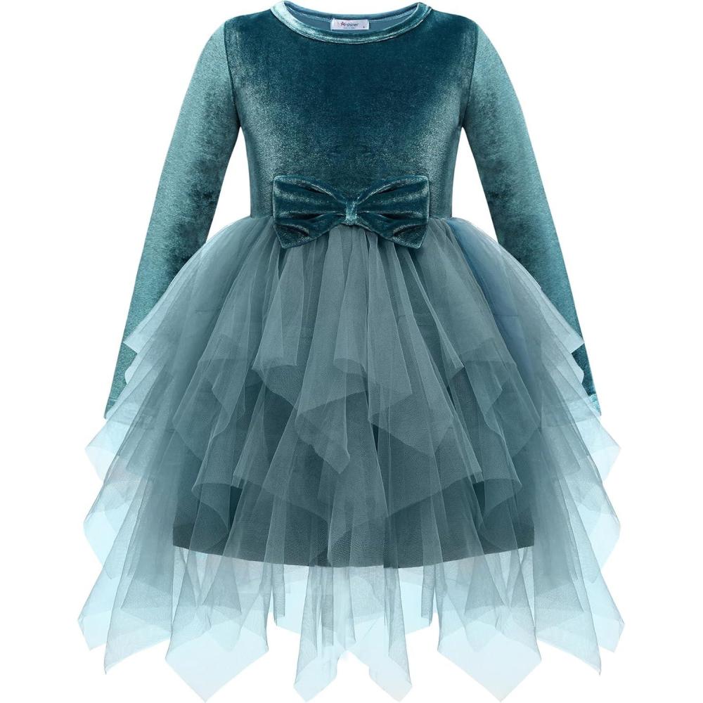 imageArshiner Toddler Girls Fall Winter Velvet Dress Irregular Hem Tulle Long Sleeve Dresses Cute Bowknot ClothesTeal