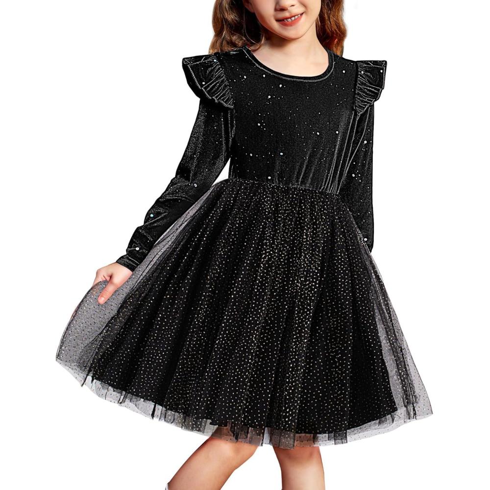 imageArshiner Toddler Tutu Dresses Little Girls Velvet Tulle Fall Winter Long Sleeve Ruffle Holiday Party Dress 26YBlack Sequin