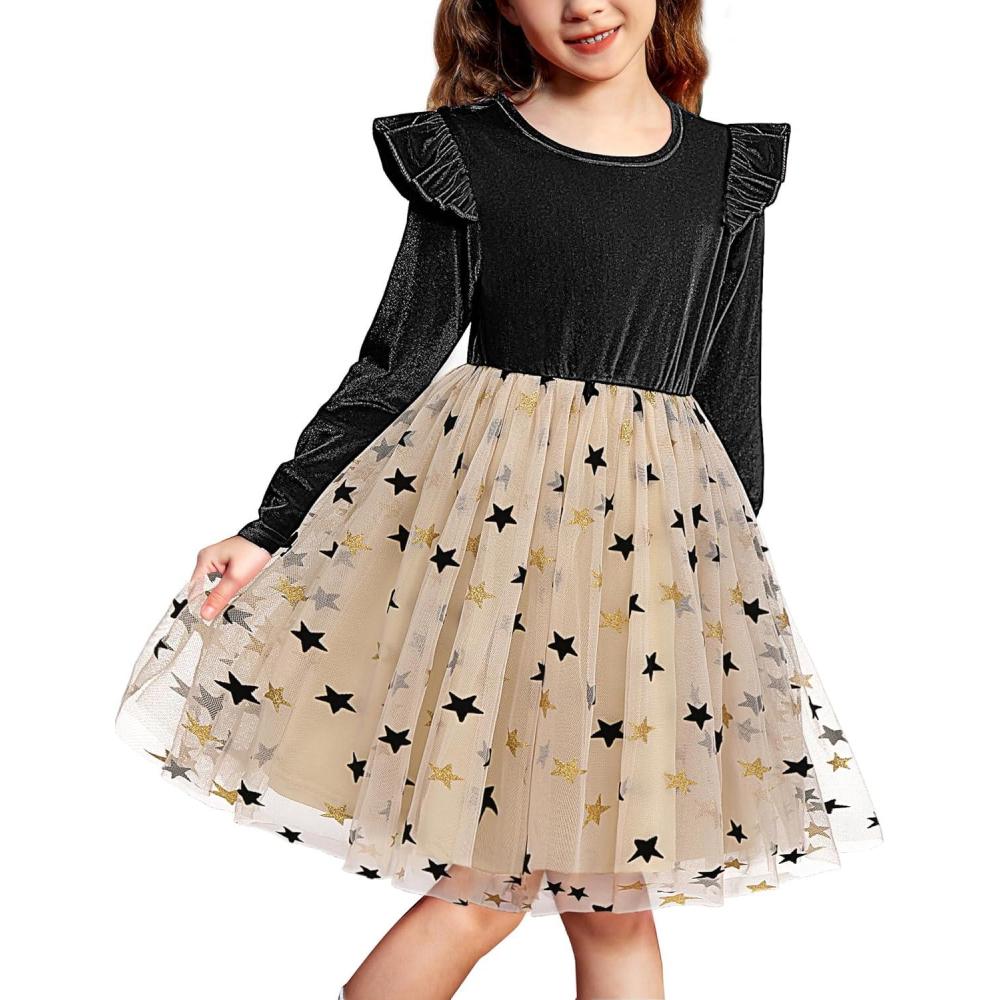imageArshiner Toddler Tutu Dresses Little Girls Velvet Tulle Fall Winter Long Sleeve Ruffle Holiday Party Dress 26YBlack Star