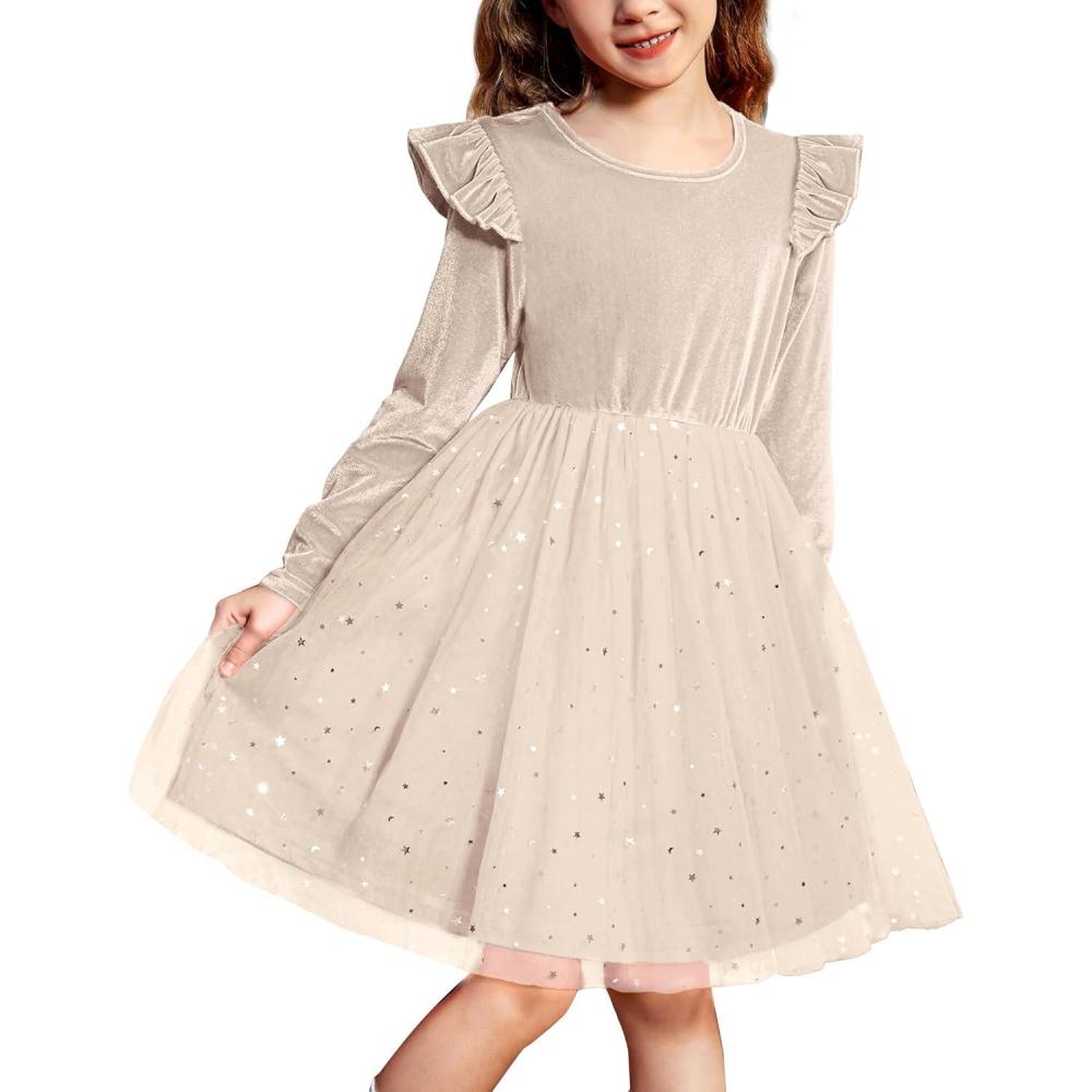 imageArshiner Toddler Tutu Dresses Little Girls Velvet Tulle Fall Winter Long Sleeve Ruffle Holiday Party Dress 26YChampagne