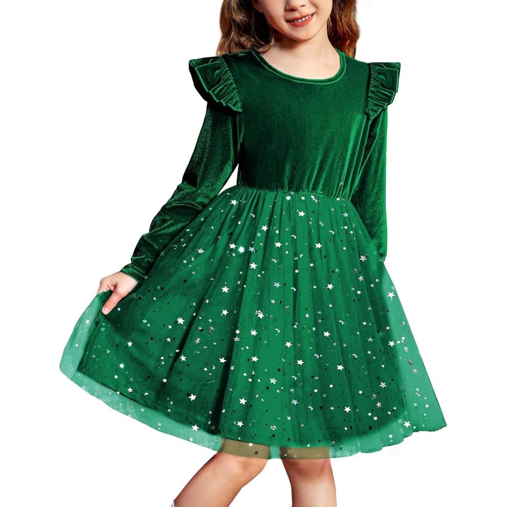 imageArshiner Toddler Tutu Dresses Little Girls Velvet Tulle Fall Winter Long Sleeve Ruffle Holiday Party Dress 26YDark Green