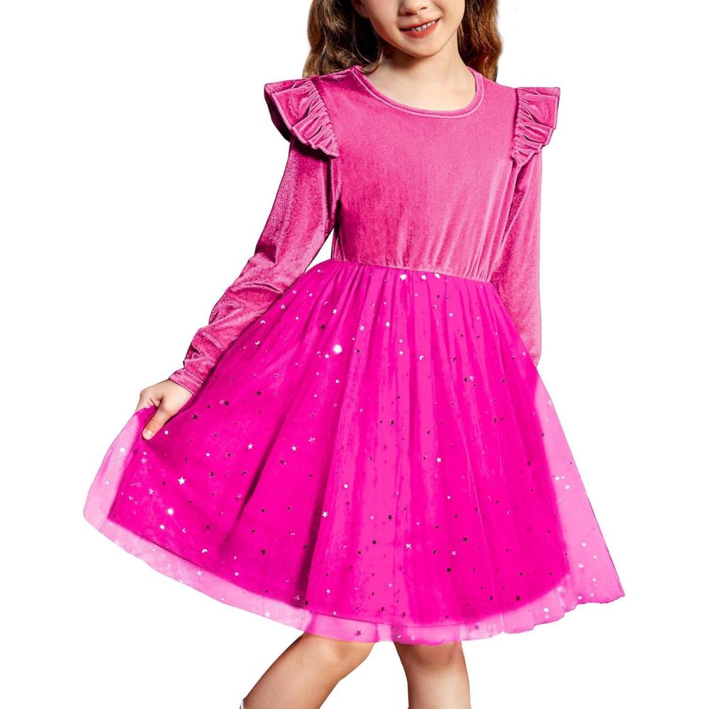 imageArshiner Toddler Tutu Dresses Little Girls Velvet Tulle Fall Winter Long Sleeve Ruffle Holiday Party Dress 26YHot Pink