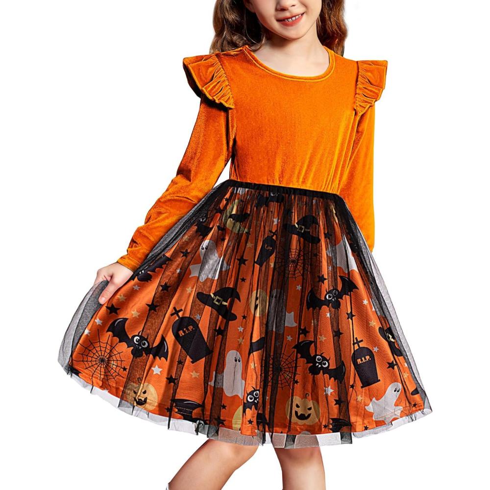 imageArshiner Toddler Tutu Dresses Little Girls Velvet Tulle Fall Winter Long Sleeve Ruffle Holiday Party Dress 26YOrange