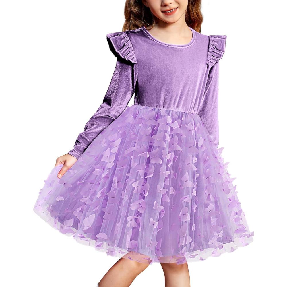 imageArshiner Toddler Tutu Dresses Little Girls Velvet Tulle Fall Winter Long Sleeve Ruffle Holiday Party Dress 26YPurple Butterfly