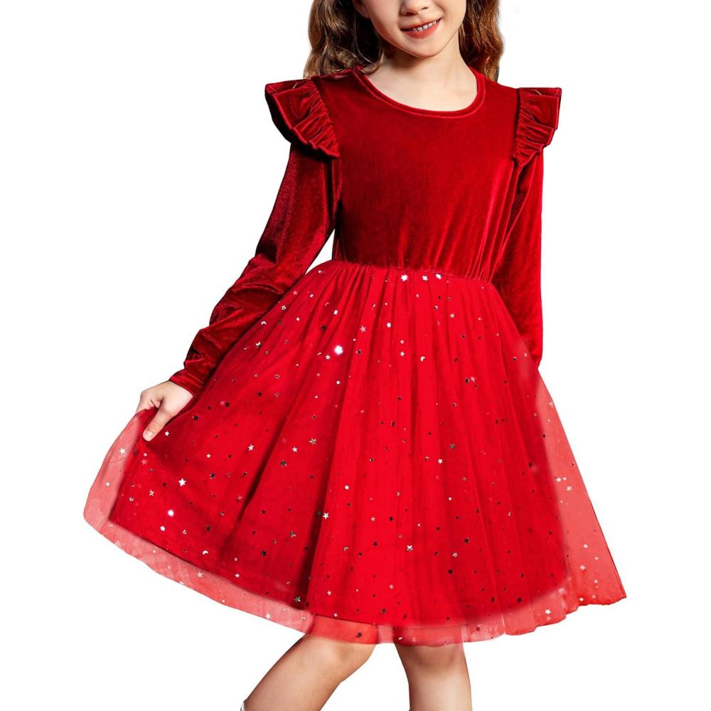 imageArshiner Toddler Tutu Dresses Little Girls Velvet Tulle Fall Winter Long Sleeve Ruffle Holiday Party Dress 26YRed