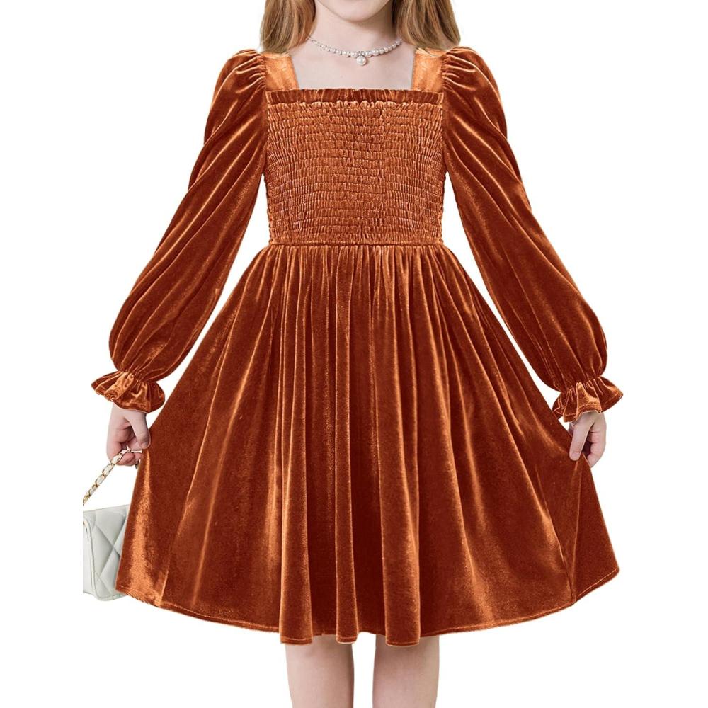 imageArshiner Toddler Velvet Dress Girls Smocked Square Neck Puff Long Sleeve Party Dresses with Pockets 38YCaramel