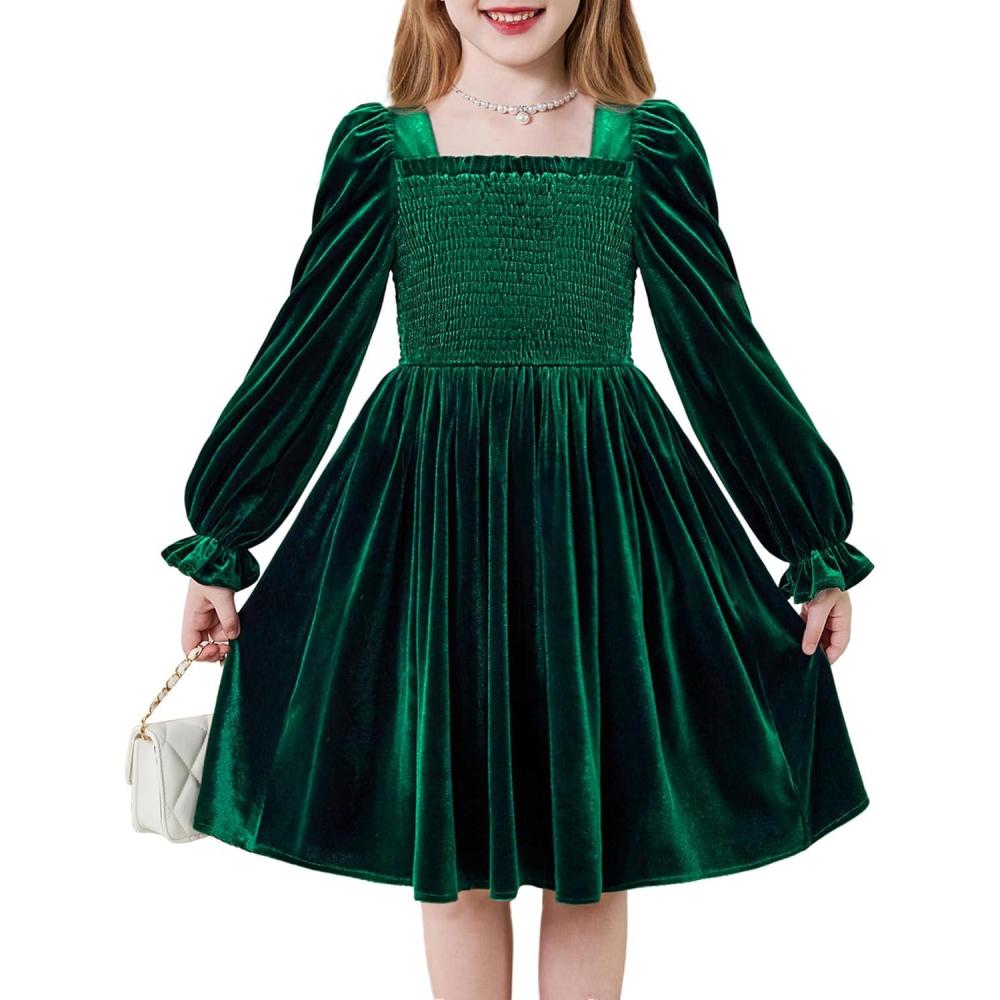 imageArshiner Toddler Velvet Dress Girls Smocked Square Neck Puff Long Sleeve Party Dresses with Pockets 38YGreen