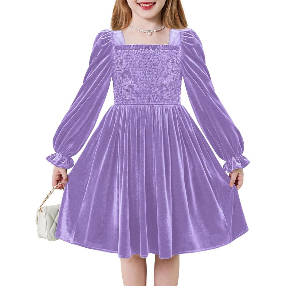 imageArshiner Toddler Velvet Dress Girls Smocked Square Neck Puff Long Sleeve Party Dresses with Pockets 38YLavender