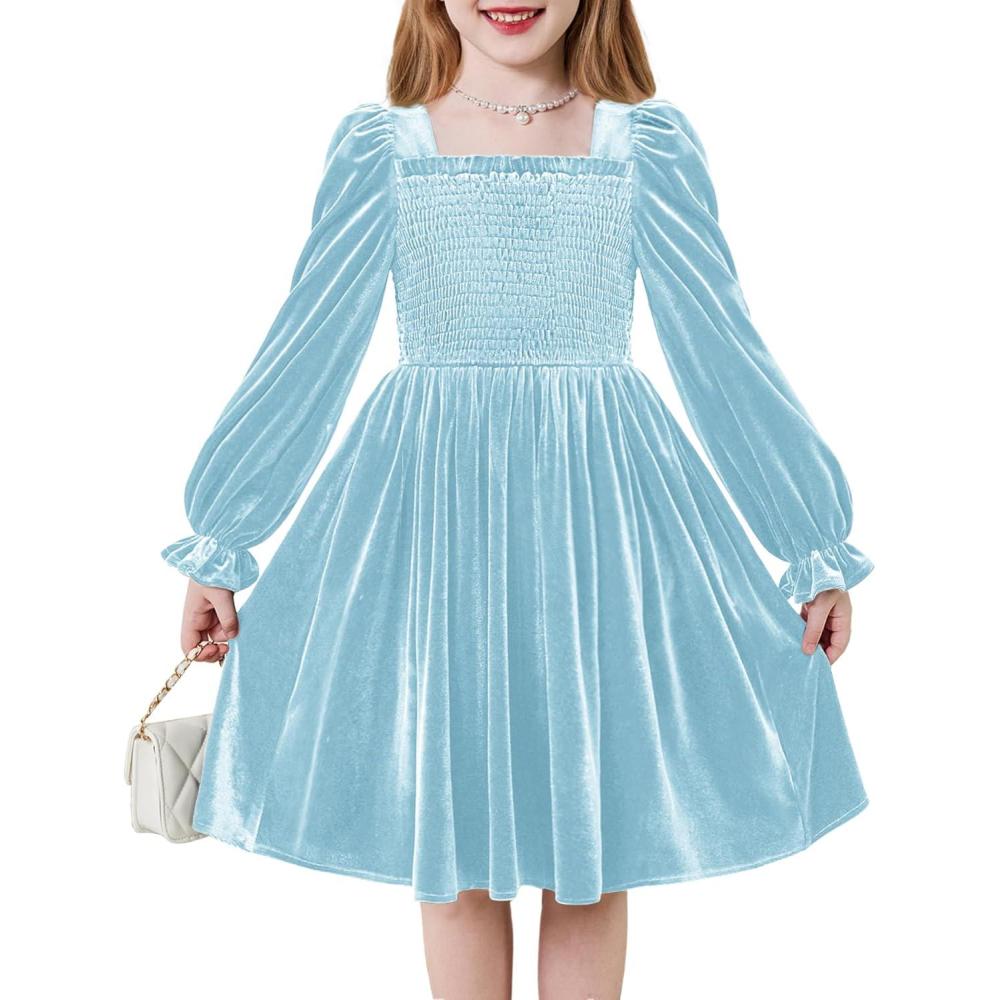 imageArshiner Toddler Velvet Dress Girls Smocked Square Neck Puff Long Sleeve Party Dresses with Pockets 38YLight Blue