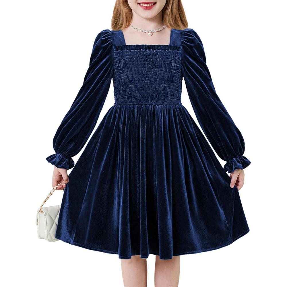imageArshiner Toddler Velvet Dress Girls Smocked Square Neck Puff Long Sleeve Party Dresses with Pockets 38YNavy Blue
