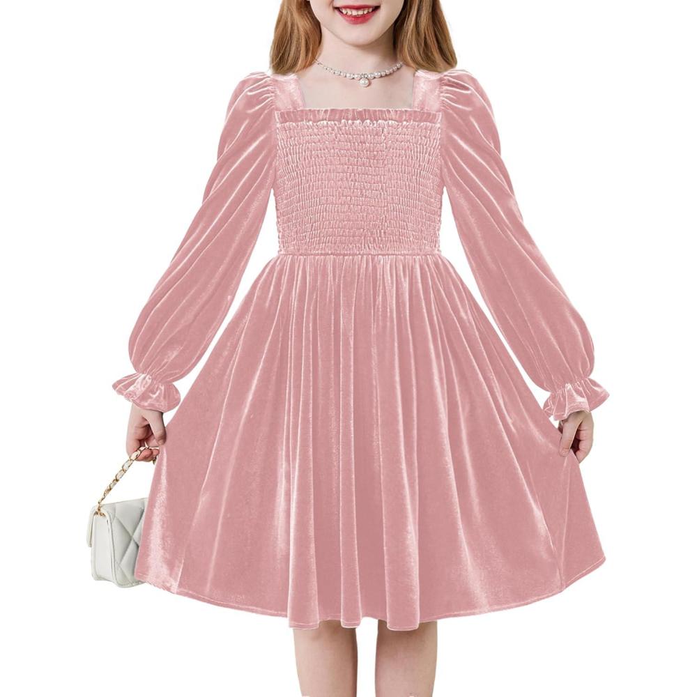 imageArshiner Toddler Velvet Dress Girls Smocked Square Neck Puff Long Sleeve Party Dresses with Pockets 38YPink