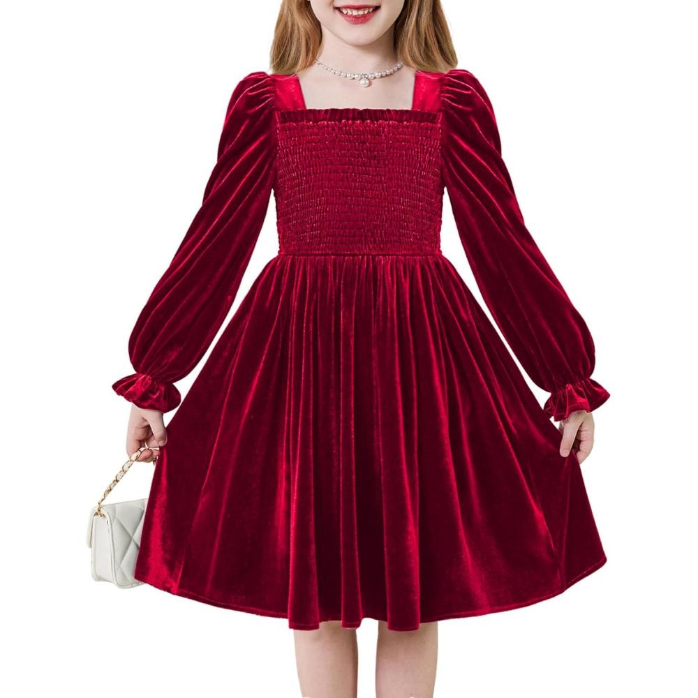 imageArshiner Toddler Velvet Dress Girls Smocked Square Neck Puff Long Sleeve Party Dresses with Pockets 38YRed