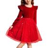 Arshiner Toddler Tutu Dresses Little Girls Velvet Tulle Fall Winter Long Sleeve Ruffle Holiday Party Dress 2-6Y(Red)