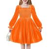 Arshiner Toddler Velvet Dress Girls Smocked Square Neck Puff Long Sleeve Party Dresses with Pockets 3-8Y(Orange)