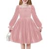 Arshiner Toddler Velvet Dress Girls Smocked Square Neck Puff Long Sleeve Party Dresses with Pockets 3-8Y(Pink)