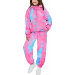Arshiner Girls 2 Piece Outfits Tracksuit Drop Shoulder Hoodie Half Zip Sweatshirt and Sweatpants Joggers Set with Pockets(A-pink&blue)