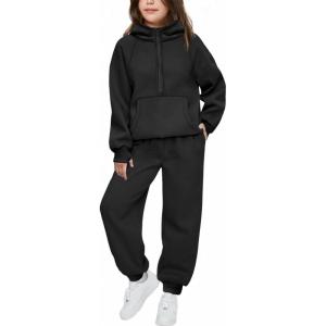 Arshiner Girls 2 Piece Outfits Tracksuit Drop Shoulder Hoodie Half Zip Sweatshirt and Sweatpants Joggers Set with Pockets(Black)