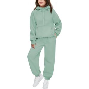 Arshiner Girls 2 Piece Outfits Tracksuit Drop Shoulder Hoodie Half Zip Sweatshirt and Sweatpants Joggers Set with Pockets(Green)