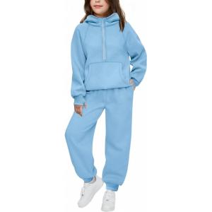 Arshiner Girls 2 Piece Outfits Tracksuit Drop Shoulder Hoodie Half Zip Sweatshirt and Sweatpants Joggers Set with Pockets(Light Blue)