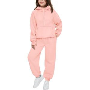 Arshiner Girls 2 Piece Outfits Tracksuit Drop Shoulder Hoodie Half Zip Sweatshirt and Sweatpants Joggers Set with Pockets(Light Pink)