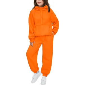 Arshiner Girls 2 Piece Outfits Tracksuit Drop Shoulder Hoodie Half Zip Sweatshirt and Sweatpants Joggers Set with Pockets(Orange)