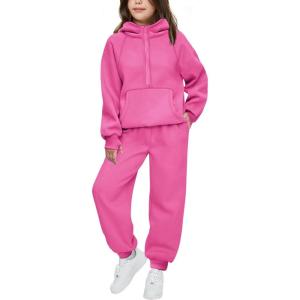 Arshiner Girls 2 Piece Outfits Tracksuit Drop Shoulder Hoodie Half Zip Sweatshirt and Sweatpants Joggers Set with Pockets(Pink)