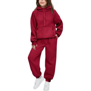 Arshiner Girls 2 Piece Outfits Tracksuit Drop Shoulder Hoodie Half Zip Sweatshirt and Sweatpants Joggers Set with Pockets(Wine Red)