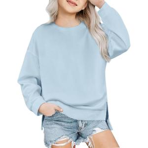 Arshiner Girls Crewneck Sweatshirt Long Sleeve Pullover Tops Drop Shoulder Sweatshirts Side Split for 5-14 Years(Blue)