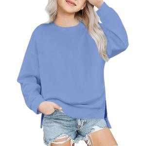 Arshiner Girls Crewneck Sweatshirt Long Sleeve Pullover Tops Drop Shoulder Sweatshirts Side Split for 5-14 Years(Grey Blue)