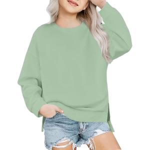 Arshiner Girls Crewneck Sweatshirt Long Sleeve Pullover Tops Drop Shoulder Sweatshirts Side Split for 5-14 Years(Light Green)