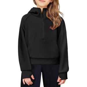 Arshiner Girls Half Zip Sweatshirt Fleece Hooded Pullover for Teen Long Sleeve Tops Fall Winter Clothes Thumb Hole(Black)