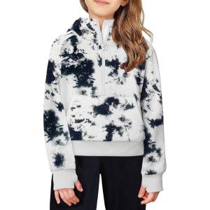 Arshiner Girls Half Zip Sweatshirt Fleece Hooded Pullover for Teen Long Sleeve Tops Fall Winter Clothes Thumb Hole(Black White Tie Dye)