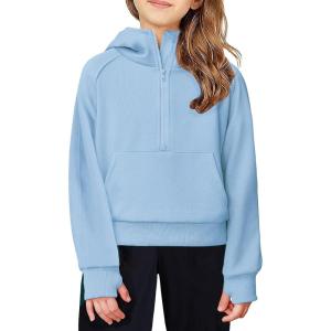 Arshiner Girls Half Zip Sweatshirt Fleece Hooded Pullover for Teen Long Sleeve Tops Fall Winter Clothes Thumb Hole(Blue)