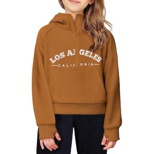 Arshiner Girls Half Zip Sweatshirt Fleece Hooded Pullover for Teen Long Sleeve Tops Fall Winter Clothes Thumb Hole(Brown-white Letter)