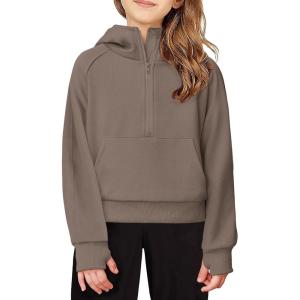 Arshiner Girls Half Zip Sweatshirt Fleece Hooded Pullover for Teen Long Sleeve Tops Fall Winter Clothes Thumb Hole(Coffee Grey)