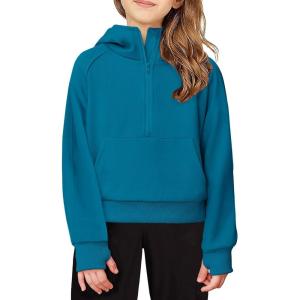 Arshiner Girls Half Zip Sweatshirt Fleece Hooded Pullover for Teen Long Sleeve Tops Fall Winter Clothes Thumb Hole(Dark Teal)