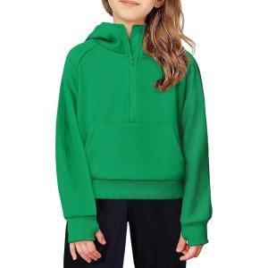 Arshiner Girls Half Zip Sweatshirt Fleece Hooded Pullover for Teen Long Sleeve Tops Fall Winter Clothes Thumb Hole(Green)