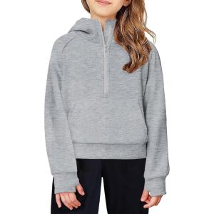Arshiner Girls Half Zip Sweatshirt Fleece Hooded Pullover for Teen Long Sleeve Tops Fall Winter Clothes Thumb Hole(Grey)