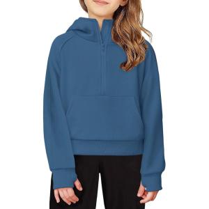 Arshiner Girls Half Zip Sweatshirt Fleece Hooded Pullover for Teen Long Sleeve Tops Fall Winter Clothes Thumb Hole(Grey Blue)