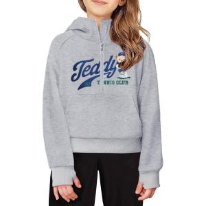 Arshiner Girls Half Zip Sweatshirt Fleece Hooded Pullover for Teen Long Sleeve Tops Fall Winter Clothes Thumb Hole(Grey Teddy Letter)