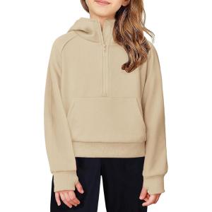Arshiner Girls Half Zip Sweatshirt Fleece Hooded Pullover for Teen Long Sleeve Tops Fall Winter Clothes Thumb Hole(Khaki)
